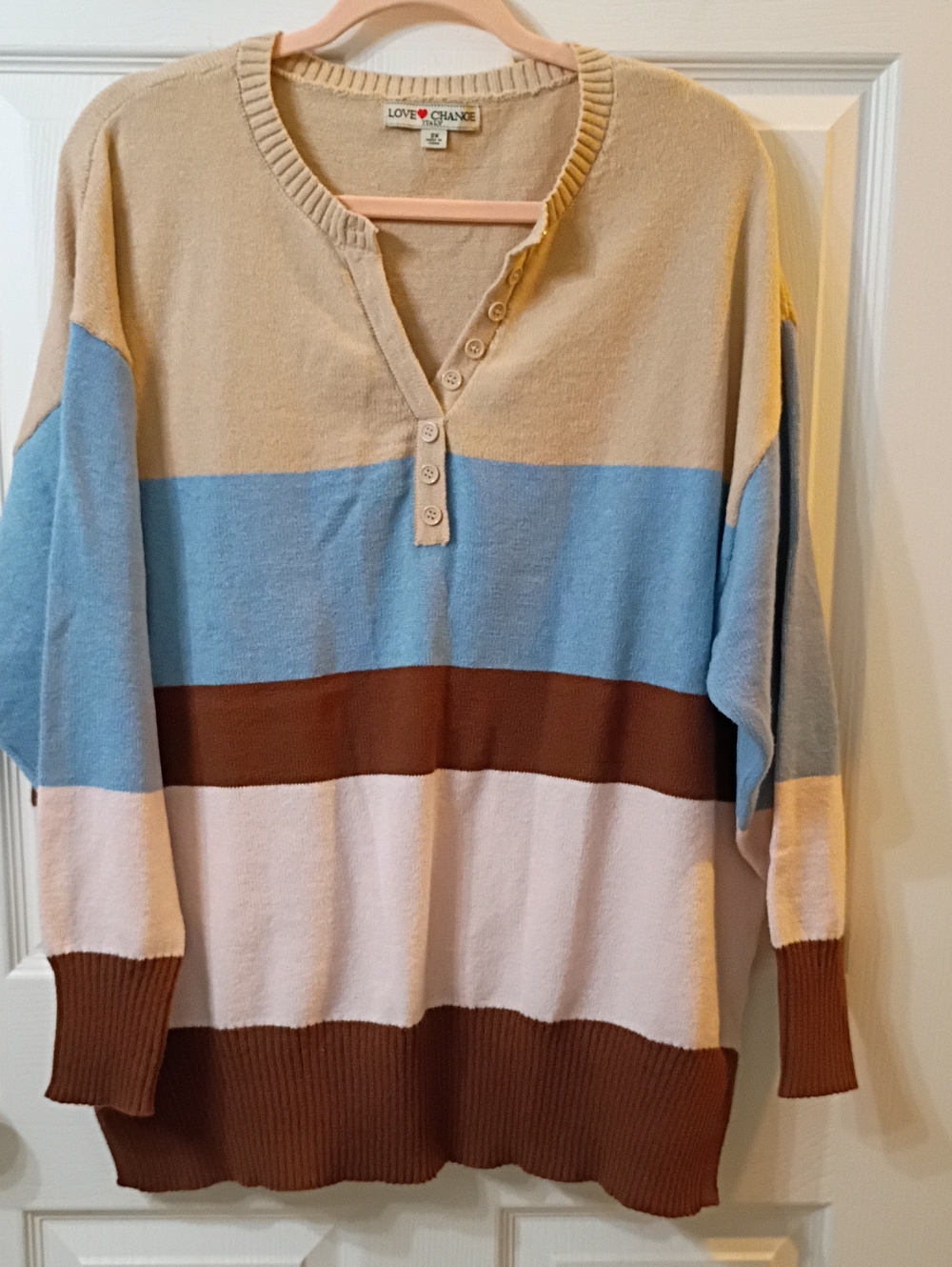 Love + Chance Colorblock V-Neck Button Sweater in Cream, Blue & Brown